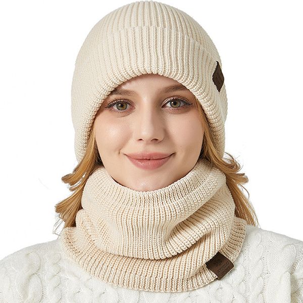 Conjunto de bufanda y gorro de invierno para hombre y mujer, gorro de calavera con forro polar grueso de punto, calentador de cuello, gorro de ganchillo, silenciador, conjunto de dos piezas, gorros de doble capa, bufanda, conjunto de calentador de orejas