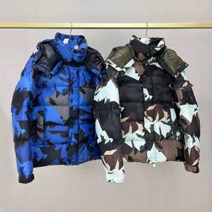 Veste d'hiver pour hommes et femmes, manteau en duvet, emblème camo, col debout, capuche, couple, épaissi, chaud, ample, décontracté