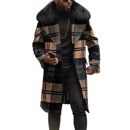 Herenwol Blends Big Fur Collar Plaid Overjassen Heren Luxe Trench Coats For Men Controleer wollen lange jassen modieus groot maat streetwear