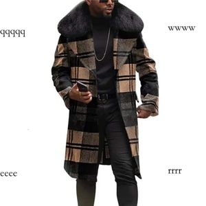 Herenwol Blends Big Fur Collar Plaid Overjassen Heren Trench Coats For Men Check Woollen Long Jackets Fashionable groot formaat Streetwear