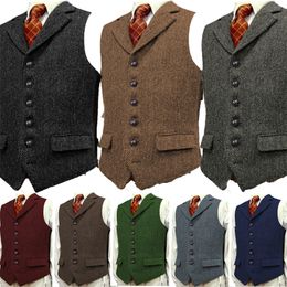 Heren Wool T Slim Fit Leisure Cotton Bury Vest Gentleman Herringband Business Bruine Waistcoat Blazer voor bruilofts bruidegom 220702