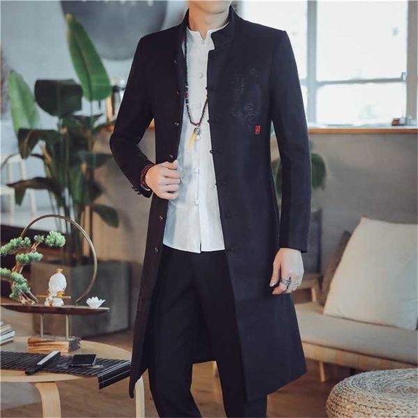 Hommes Laine Trench-Coat Vestes Automne Hiver Style Chinois Broderie Manteaux De Laine Long Coupe-Vent Steetwear Outwear Tops 211122