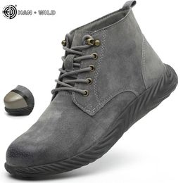 Botas de trabajo para hombre Moda al aire libre Punta de acero Cuero de vaca Zapatos de punta de acero Hombres Antideslizantes Zapatos de seguridad a prueba de pinchazos Bota Hombre 210830