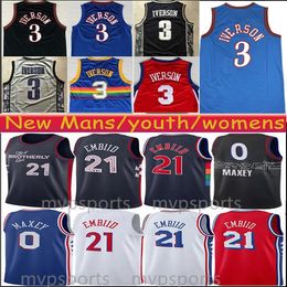 Maillot de basket-ball Joel Embiid pour hommes, Tyrese Maxey Allen Iverson, chemise de ville cousue, édition pour enfants, bleu, blanc, noir