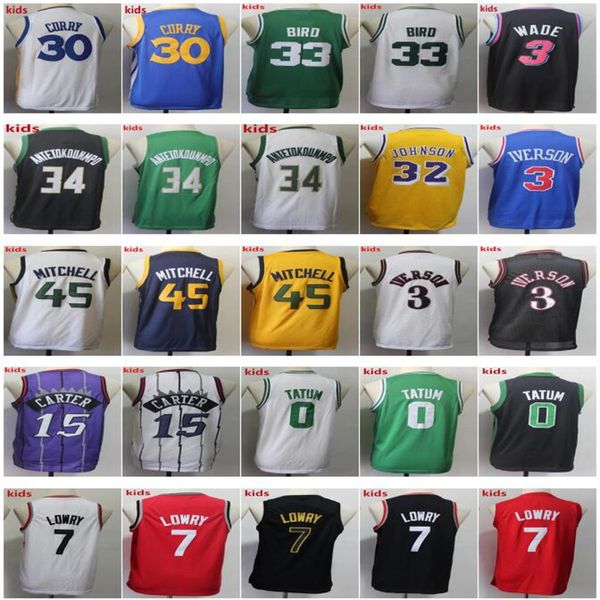 Mens Youth Kyle Lowry 7 Jersey Donovan 45 Mitchell Jayson Tatum Bird Vince 15 Carter Kyrie Dwyane 3 Wade Stephen Curry 32 Johnson Enfants Basketball Vert Blanc Red Gris