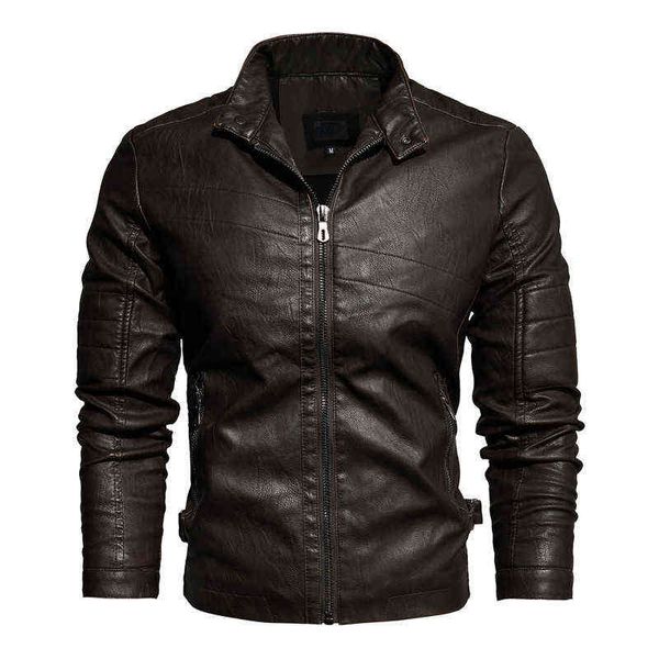 Hommes Zip Up Veste En Cuir Moto Biker Veste Surdimensionné Xxl Velours Col Montant Pu Faux Cuir Veste Manches Longues Marron top L220725