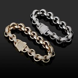 Pulsera circular lisa cosida con circonio para hombre Hebilla de resorte Cadenas de eslabones cubanos Hip Hop para novio Oro de 14 quilates 3A Circonita cúbica Joyería Steampunk Pulseiras