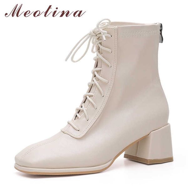 Meotina Stivaletti Tacco alto Donna Stivali Zip Tacco largo Scarpe Stringate Punta quadrata Stivaletti Donna Autunno Inverno Beige Nero 210608