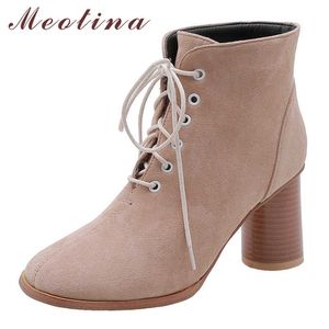 Meotina automne bottines femmes bottes à lacets ronds talons hauts bottes courtes mode bout rond chaussures dames hiver grande taille 33-46 210608