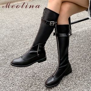 MEOTINA Herfst Knie Hoge Laarzen Dames Natuurlijke Lederen Zipper Flat Riding Boots Gesp Ronde Teen Schoenen Dame Winter Maat 39 210608