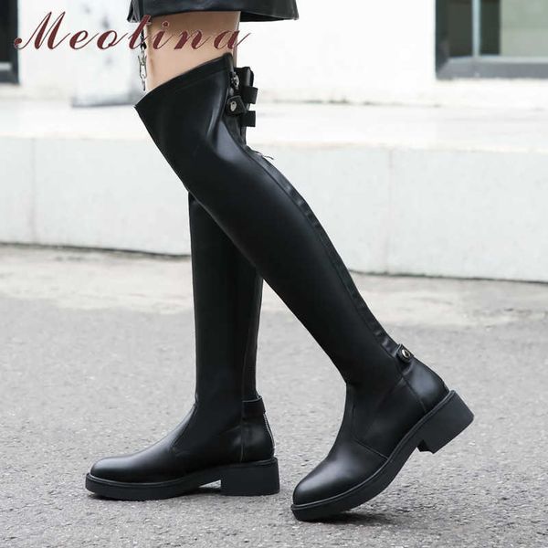 Méotina automne sur les bottes du genou femme naturel en cuir authentique épais talon coffre hauts hauts sexy mince chaussures de glissière dame taille 39 210608