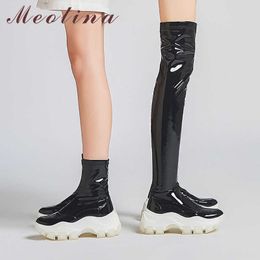 Meotina Otoño Muslo Botas altas Mujer Cuero genuino natural Plataforma plana Botas sobre la rodilla Sexy Slim Stretch Shoes Lady 39 210608