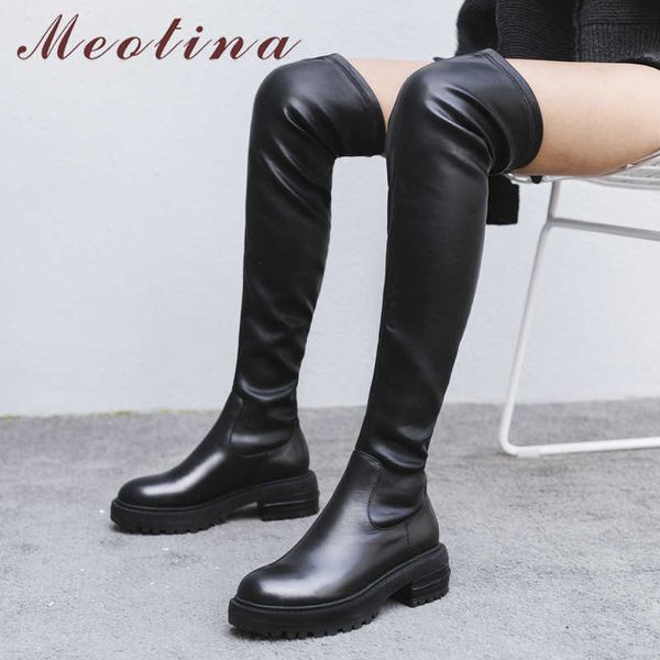 Meotina automne cuissardes femmes naturel en cuir véritable talon épais sur les bottes au genou Slim Stretch longues chaussures dame 34-40 210608