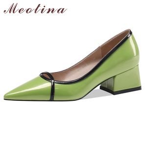 Meotina Block Talons Pompes En Cuir Véritable Bout Pointu Femmes Chaussures Peu Profondes Slip Sur Bureau Chaussures Dames Mi Talon Chaussures Vert 210520