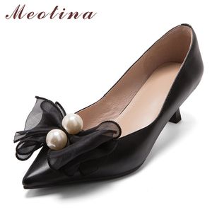 Meotina Bow zapatos de punta estrecha para mujer zapatos de tacón alto de cuero genuino zapatos de fiesta de moda de perlas zapatos de tacón de aguja para mujer calzado 40 210520
