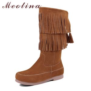 Meotina vache daim appartements mi-mollet bottes femmes chaussures en cuir véritable plat dame bottes frange Zip mode bottes dames hiver marron 210520