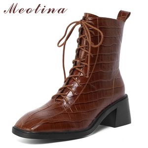 MEOTINA Lederen Blok Hakken Korte Laarzen Dames ZIP Cross Gebonden Mode Laarzen Schoenen Vierkante Teen Hoge Hak Enkellaarzen 33-40 210520