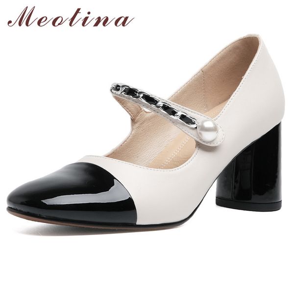 Meotina, zapatos de tacón alto de cuero genuino para mujer, zapatos de tacón grueso Mary Janes, zapatos de fiesta de perlas con cadena, calzado femenino Beige 33-40 210520