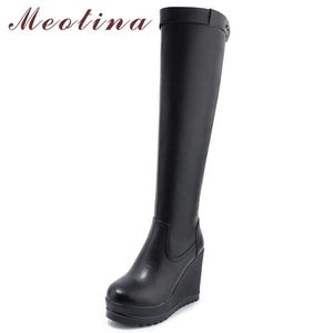 Meotina cuir véritable genou bottes hautes femmes plate-forme compensée talon haut bottes longues en cuir de vache chaussures à glissière dames hiver taille 40 210608