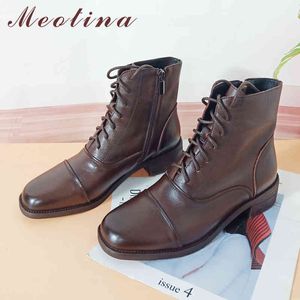 Meotina véritable cuir mi-talon bottines femmes chaussures croix liée fermeture éclair talons épais bottes courtes dame automne hiver marron 43 210520