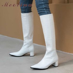 Meotina Lederen Mid Hak Knie Hoge Laarzen Vrouwen Schoenen Puntschoen Dikke Hakken Slip-on Long Boots Dames Herfst Bruin 40 210608