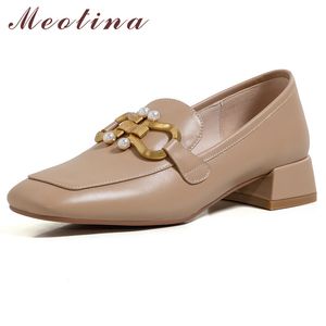 Meotina cuir véritable mi-talon pompes femmes mocassins chaussures bout carré perle chaussures métal décoration bloc talons chaussures Beige 40 210520