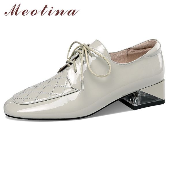 MEOTINA Cuir véritable Cuir Mid Heel Pompes Femme Square-Toe Chaussures Cross Ligue Chunky Talons Chunky Footwear Femmes Chaussures Robe Chaussures Vert 40 41 210520