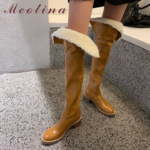 Meotina cuir véritable sur le genou bottes femmes laine chaussures à talons hauts talon carré bottes longues dames cuissardes noir 40 210608