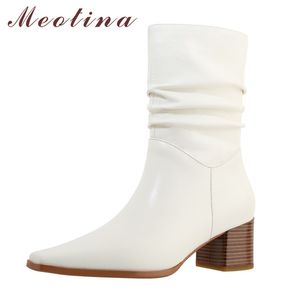 Meotina Lederen Dikke Hakken Mid Calf Laarzen Vrouwen Schoenen Vierkante Teen Plooited Hoge Hak Laarzen Dames Mode Schoenen Beige 40 210520