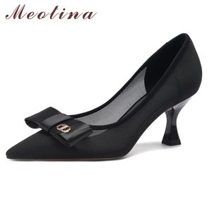 MEOTINA Hoge hak Vrouwen Schoenen Puntschoen Mesh Cutouts Pumps Bow Shallow Stiletto Hakken Party Schoenen Dames Mode Schoenen 33-40 210520