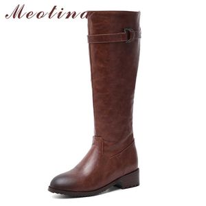 Meotina Mid Hak Knie-Hoge Laarzen Dames Schoenen Gesp Chunky Hakken Rijlaarzen ZIP Lange Laarzen Dames Herfst Winter Zwart Bruin 210608