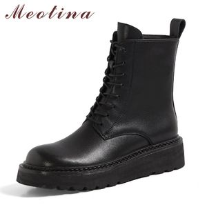 Meotina moto bottes femmes chaussures en cuir véritable plate-forme plate bottines à lacets Zip bout rond bottes courtes femme noir 40 210520
