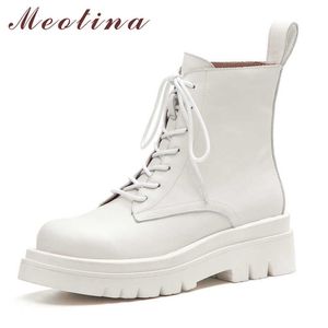 Meotina moto bottes femmes chaussures en cuir véritable plate-forme à talons hauts bottines à lacets bloc talons dames bottes courtes blanc 210608