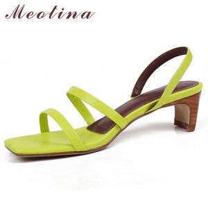 Meotina Naturel Véritable Cuir Sandales À Talons Hauts Bande Étroite Femmes Chaussures Bout Carré Style Étrange Sandales Dames Été Vert 210608