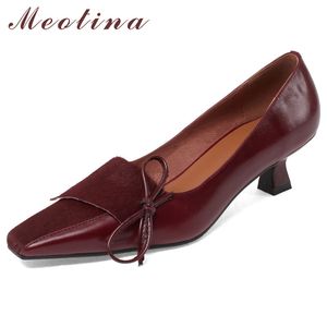 Meotina Natuurlijk Lederen Dunne Hakken Pumps Dames Vierkante Teen Schoenen Boog Mid Hakken Schoenen Dames Elegante Jurk Schoenen 40 210520