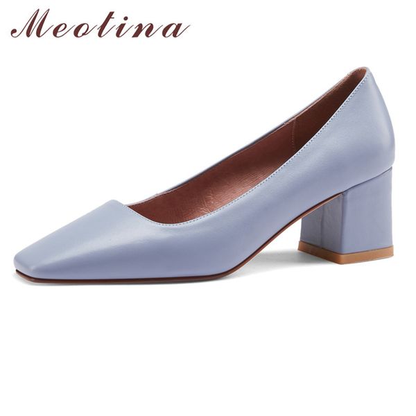 Meotina naturel en cuir véritable femmes chaussures bloc talons hauts robe pompes bout carré peu profond sans lacet chaussures bleu printemps taille 40 210520