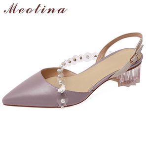 Meotina Pearl Real Leather Mid Heels Pumps Transparente Slingbacks Shoes Mujer Punta estrecha Crystal Strange Style Shoes Purple 40 210608