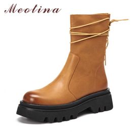 Meotina Plate-forme Talon Haut Bottes De Moto Femme Véritable Bottines En Cuir Zip Chunky Talon Bottes Courtes À Lacets Chaussures Femme 43 210608