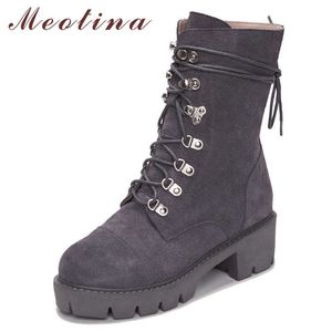 Meotina Botas de tobillo de cuero real Mujeres Cow Suede Square Tacones altos Botas cortas con cordones Zapatos de punta redonda Damas Otoño Tamaño 34-39 210608