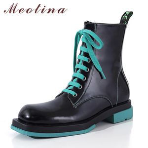 Meotina véritable plate-forme en cuir mi-talon bottines femmes chaussures bout carré talons épais fermeture éclair lacets bottes courtes dame violet 43 210520