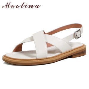 Meotina chaussures femmes sandales en cuir véritable talon bas bout carré sandales talon épais cuir de vache dames chaussures été noir 210608