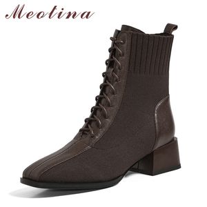 Meotina bottes courtes femmes chaussures en cuir véritable mi-talon bottines bout carré bloc talons bottes à lacets dame marron noir 33 40 210520