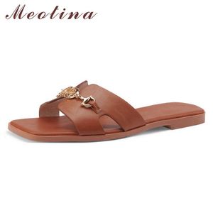 Meotina Pantoufles Chaussures Femmes Véritable Sandales En Cuir Décoration En Métal Med Talon Diapositives Plat Carré Toe Chaussures De Dame D'été Marron 210608