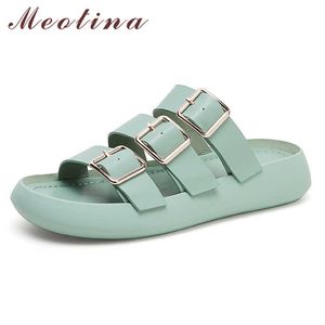 Meotina zapatillas zapatos mujeres sandalias de cuero genuino natural hebilla diapositivas planas punta redonda cuero de vaca calzado de verano 210608