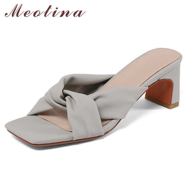 Meotina pantoufles chaussures femmes plissées sandales à talons hauts bout carré diapositives talon épais dames chaussures été violet bleu mode 210608