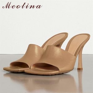 Meotina Summer Slide Shoes Natural Echt lederen dunne hakken schoenen Real Leather Extreme High Heel Slippers Lady Sandals Y200423