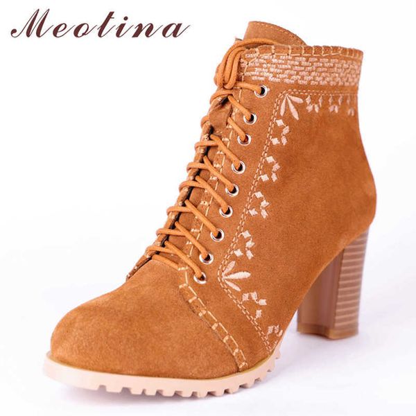 Botines de invierno Meotina, botas cortas de tacón alto grueso con cremallera de ante de vaca para mujer, zapatos de punta redonda bordados para mujer, talla grande 33-43 210608