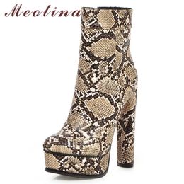 Meotina hiver bottines femmes serpent imprimé plate-forme talon épais bottes courtes zip super chaussures à talons hauts dame automne plus taille 43 210608