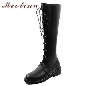 MEOTINA Rodilla de invierno Botas altas Mujeres Natural Cuero genuino Tacones Cuadrados Botas largas Zipper Toe Toe Tall Shoes Dama Tamaño 4-10 210608