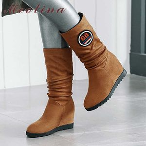 Meotina Winter Mid Calf Laarzen Dames Laarzen Geplooide Hoogte Verhogende Hoge haklaarzen Ronde Teen Schoenen Dame Herfst Plus Size 33-43 210608